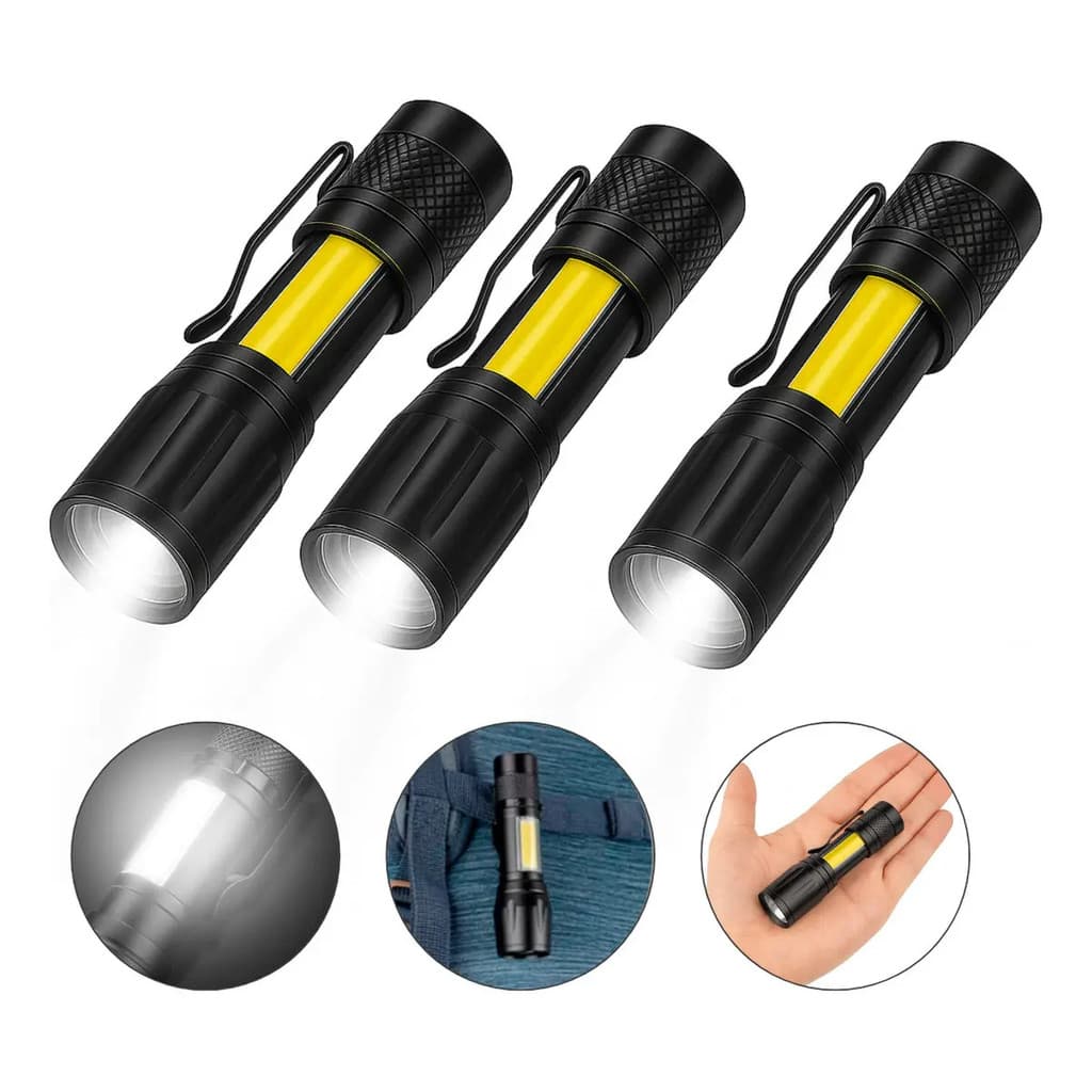Conjunto de 3 mini lanternas táticas LED COB, potentes, recarregáveis por USB, qualidade profissional de nível militar,