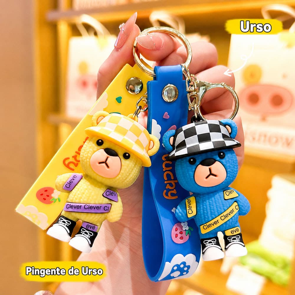 Chaveiro de Urso Fofo em PVC com Alça | Pingente para Bolsa, Mochila e Chave de Carro Presente Casal