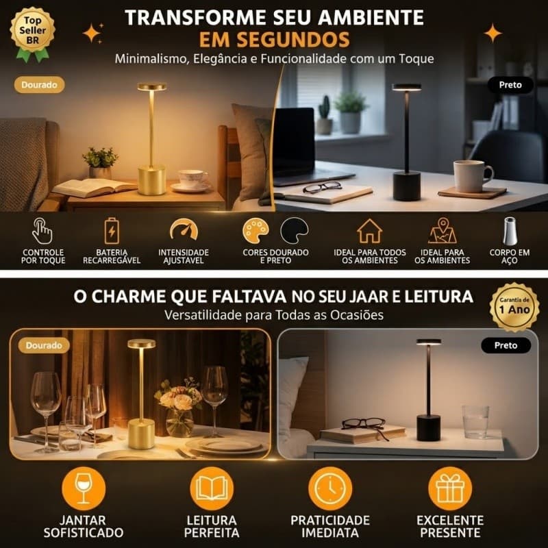 Luminária De Mesa LED Touch Recarregável Sem Fio Luz de Ambiente Jantar Quarto Escritório Decoração Pronta Entrega