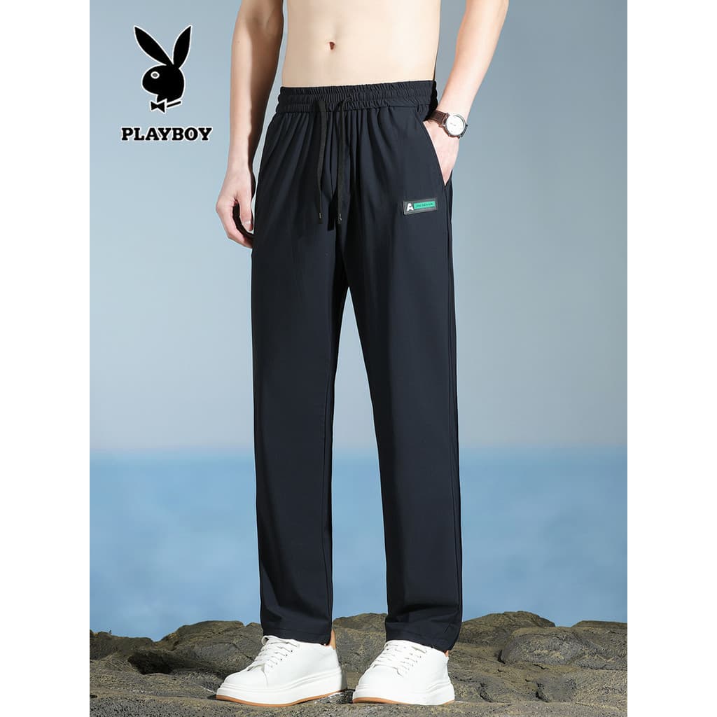 Playboy gelo seda cordão cintura elástica calças casuais dos homens verão estilo fino em linha reta solta alta elástica