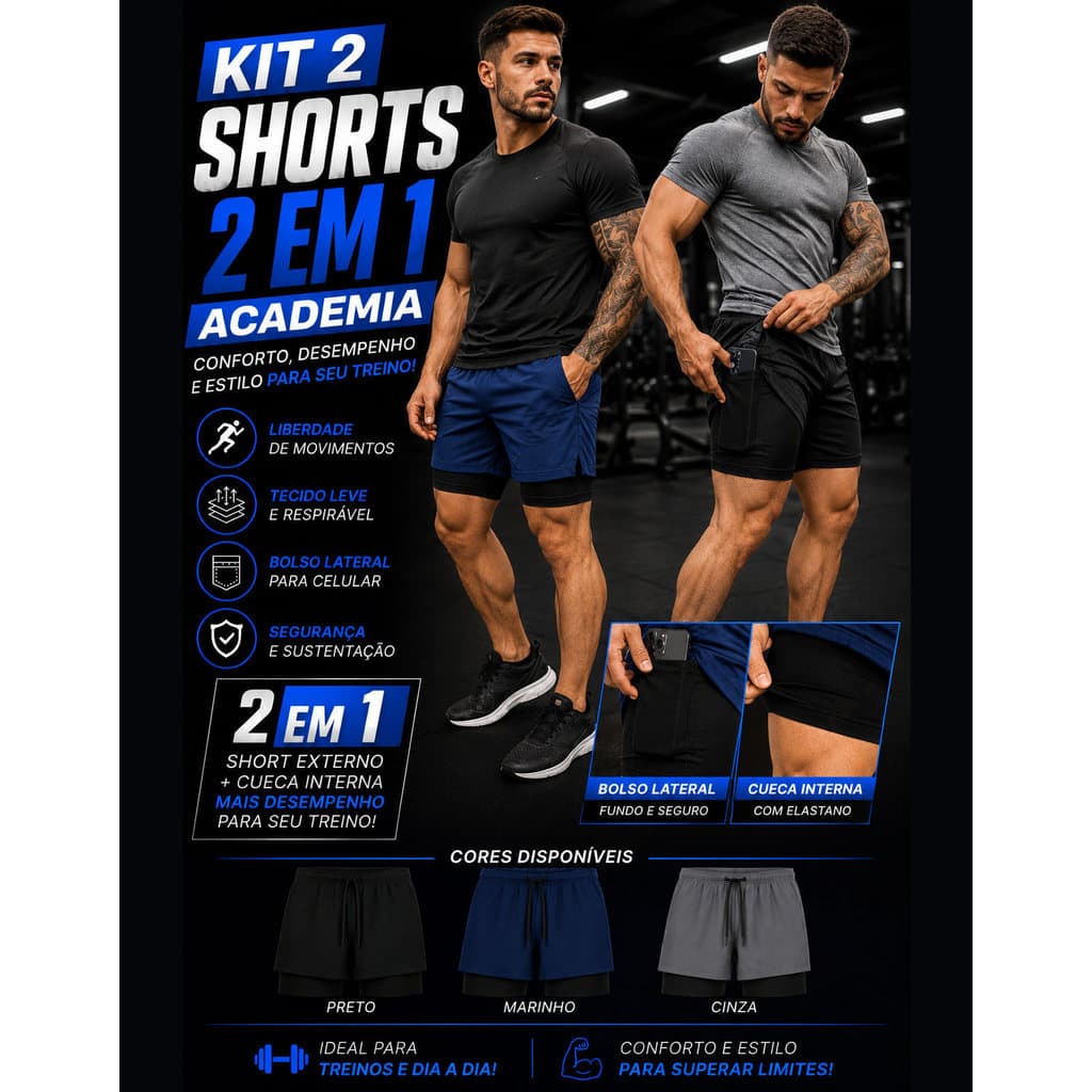 Kit 2 Short Academia 2 em 1 Short Masculino Esporte Bermuda Treino Masculina