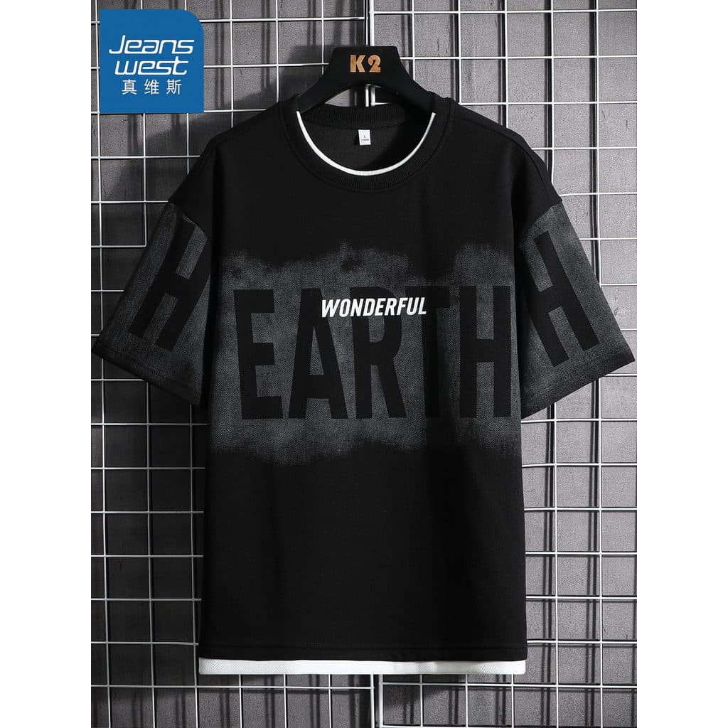 GR Zhenweisi 2026 Novo estilo carta impressão ombro caído masculino Street Wear em torno do pescoço Casual manga curta c