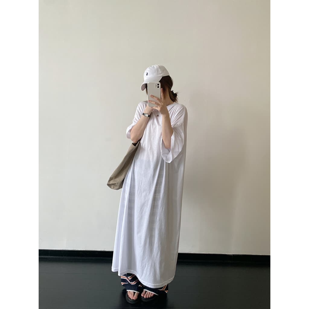 Sun Pomelo Macacão de Manga Curta Camiseta Vestido Transparente Verão Empilhamento Vestido Casual Branco Solto Vestido L