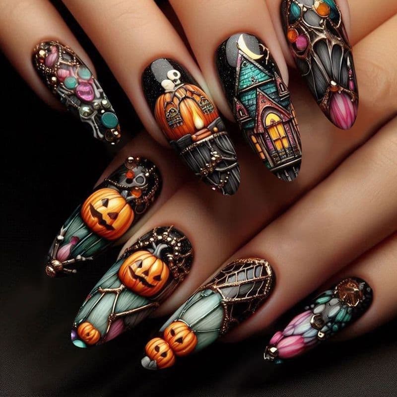 Estoque pronto Abóbora Halloween Wear Nails Ins Style Spider Web Médio Longo Desgaste Unhas Manicure Peça 8.25