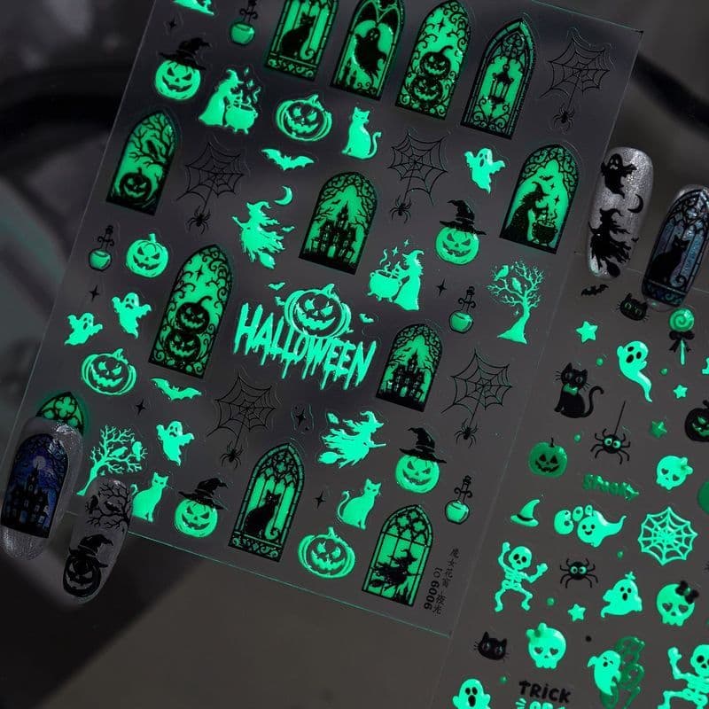 Pronto estoque novo estilo luminoso Halloween Manicure adesivos gótico castelo bruxa abóbora fantasma atmosfera escura d