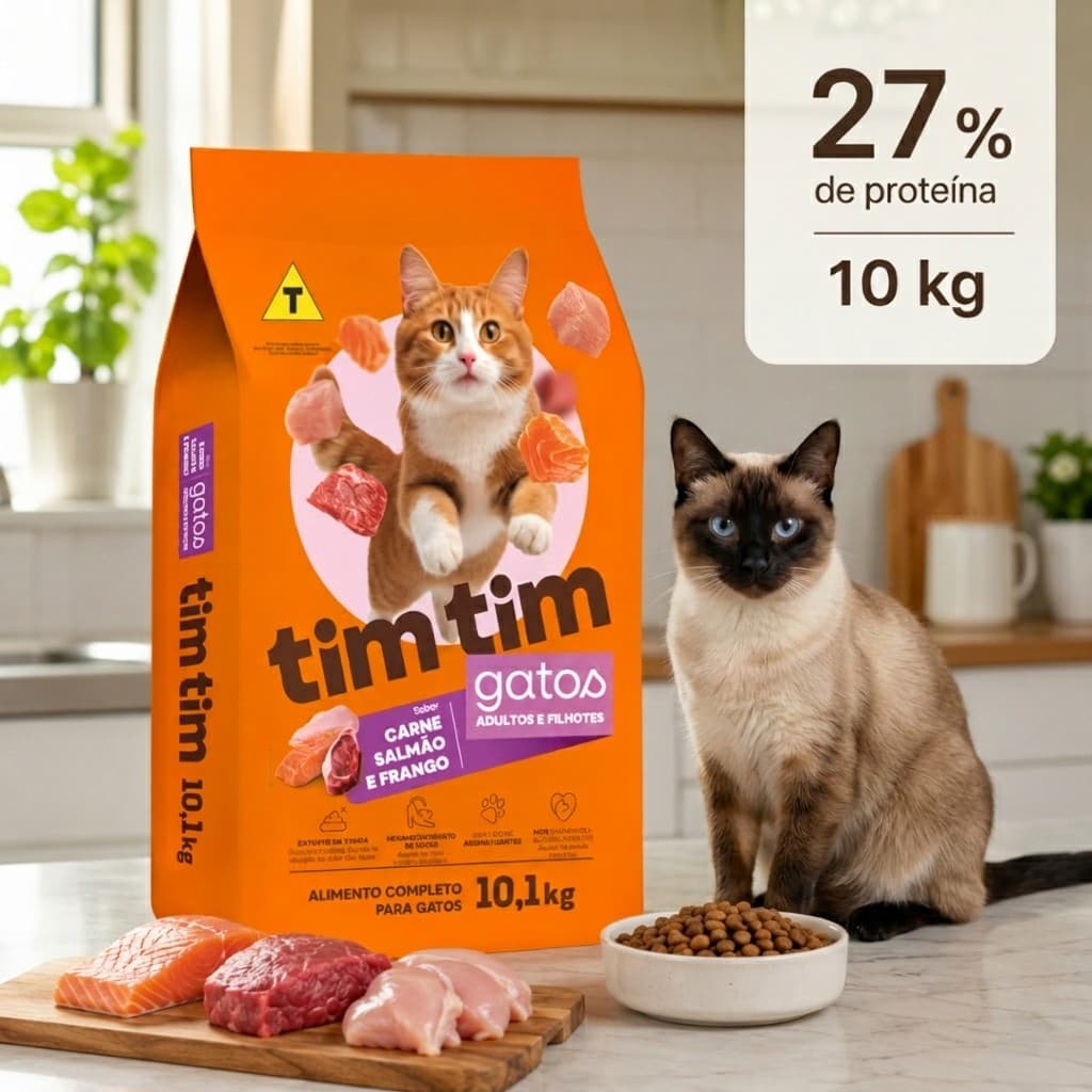 Ração para Gatos Timtim 10 Kg Filhotes e Adultos 27% Proteína Cat Sabor Carne Salmão e Frango