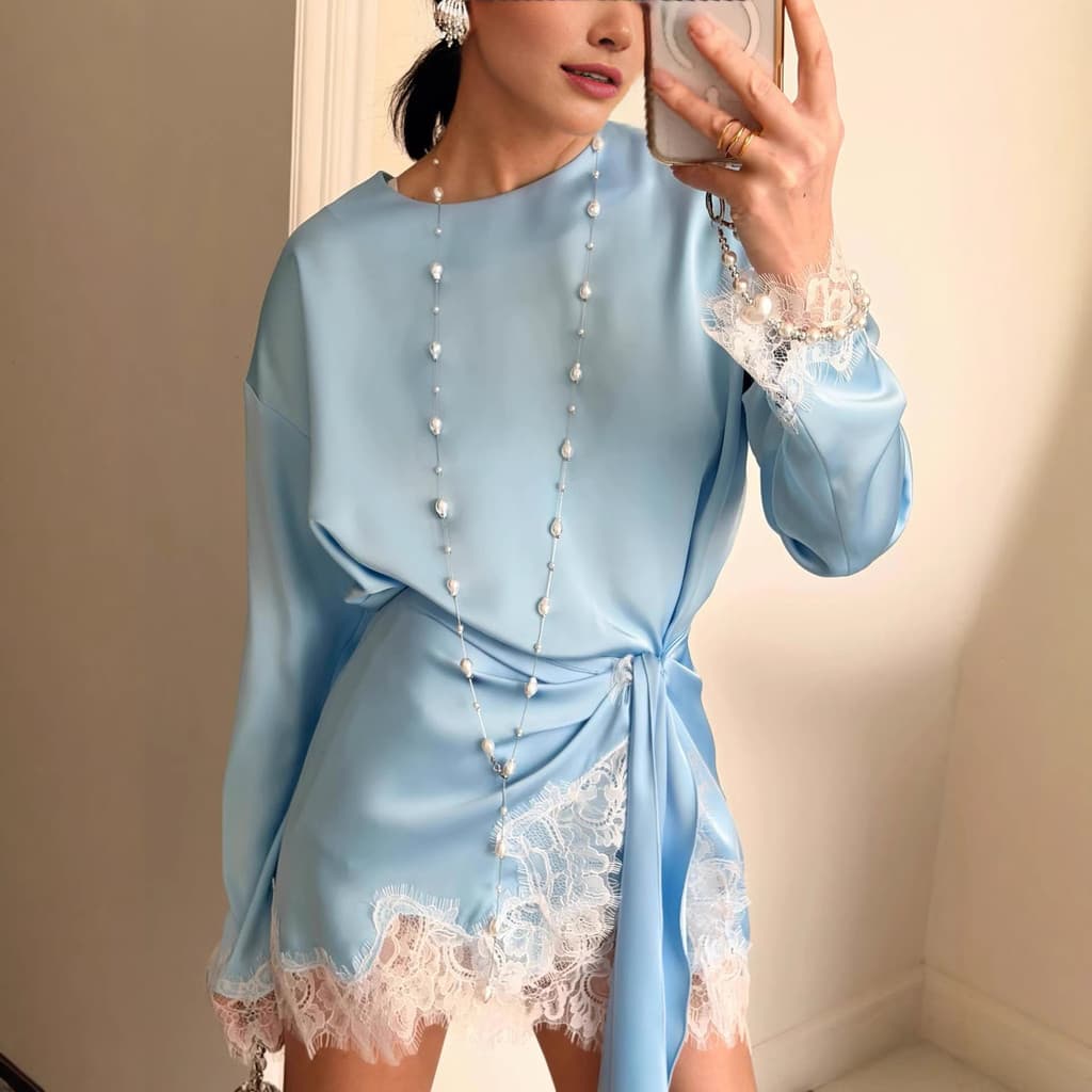 Camisa Solta Temperamento Feminina Cortada Em Torno Do Pescoço Renda De Manga Comprida Cor Sólida Deslocamento Topo