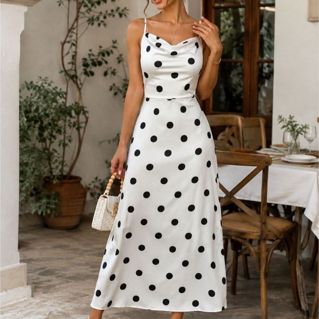 Vestido Feminino Midi Poá com Alças Finas e Decote Degagê – Elegante com Costas Abertas