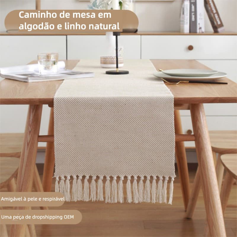 Caminho de Mesa Linho‑Algodão Espesso Estilo Nórdico, Simples Cor Sólida com Franjas