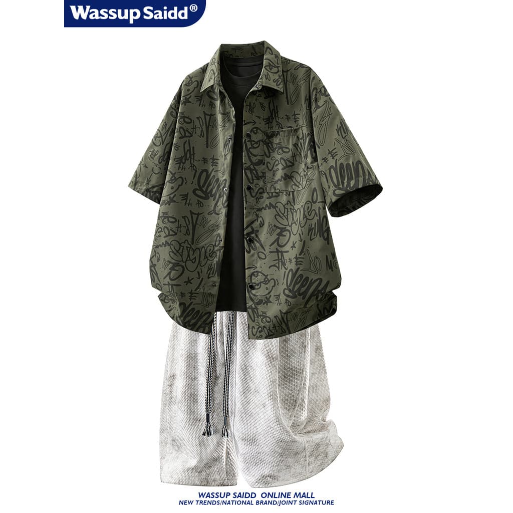WASSUP SAIDD Terno Americano Estilo Graffiti Camisa de Manga Curta Tie-Dye Shorts Desgaste Masculino Verão Juventude Na