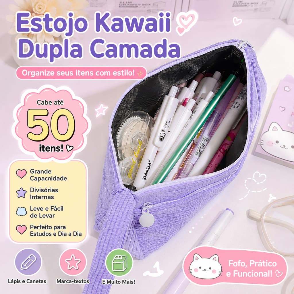 Estojo Escolar Kawaii Duplo Compartimento com Zíper para Lápis Canetas e Papelaria