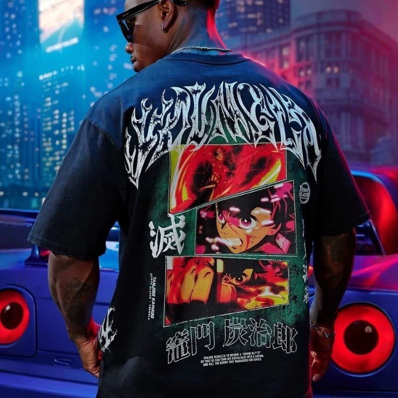 YOUNGLAS Co-Branded DEMON SLAYER Tema Impressão Camiseta Masculina Oversized Esportes Fitness Algodão Manga Curta