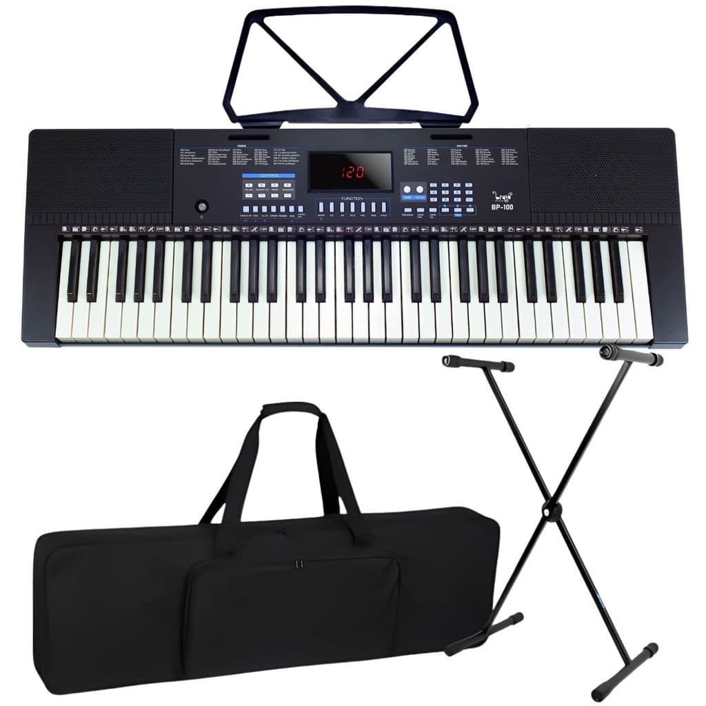 Kit Teclado Bravo BP100 61 Teclas 5/8 Iniciante Estudante com Capa Suporte em X Fonte e Suporte para Partituras Completo