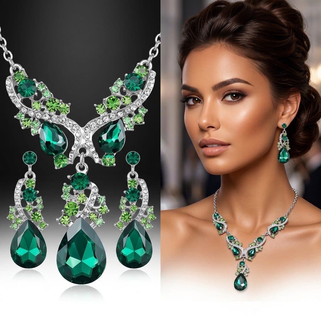 Conjunto Brincos Feminino E Colar Prata e Verde Esmeralda Zircônia Gota Noiva Festa Luxo