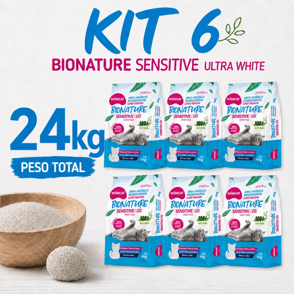 Kit 6 Areia Sanitária De Mandioca 4kg Grãos Finos Para Gatos Biodegradável Wisecat FARDO 24kg