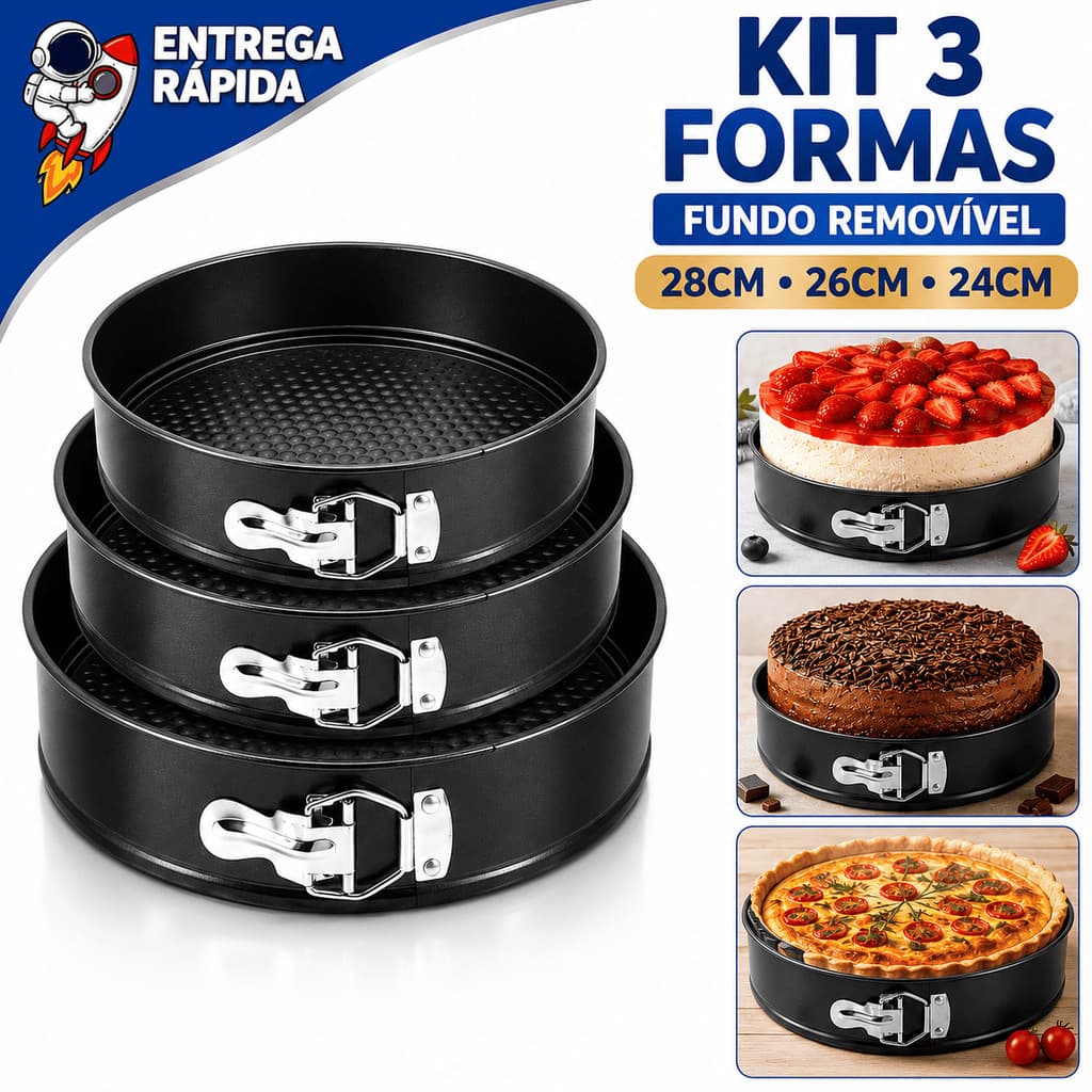 Formas de Bolo Fundo Removível Antiaderente 24cm 26cm e 28cm