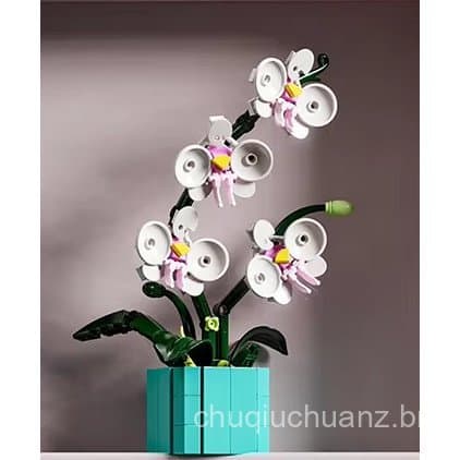 ORQUIDEA FLOR BRANCA COM ROSA COM VASO AZUL - BLOCOS DE MONTAGEM