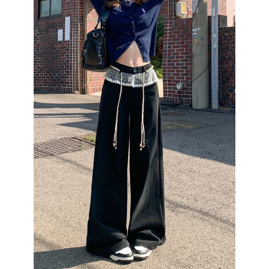 Vfvk Calça Jeans feminina de renda preta 2026 novo estilo calça de renda de verão Design calça larga perna reta