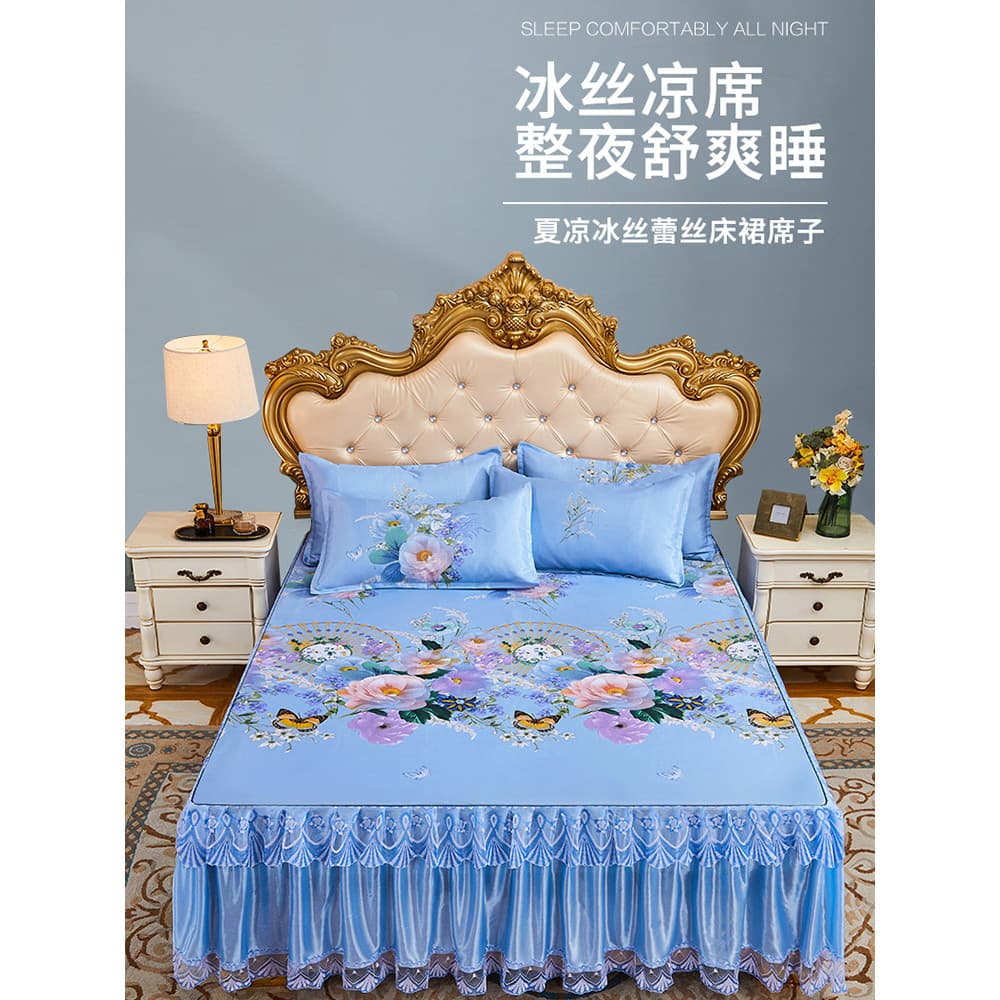 Verão gelo seda legal esteira saia de cama conjunto de três peças lavável ar condicionado esteira folha de cama legal ta