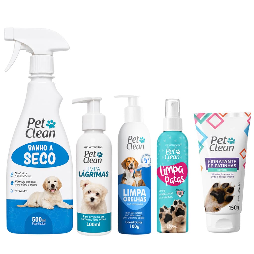Kit Higiene Pet 5 em 1 Banho a Seco Limpa Patas Lágrimas Orelhas Hidratante Patinhas Cães Gatos