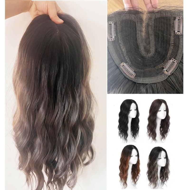 Artigo decorativo T-Parte Renda Ondulada Topo Topper De Cabelo Sintético Base 14x16cm Para Mulheres 55cm com tic-tac