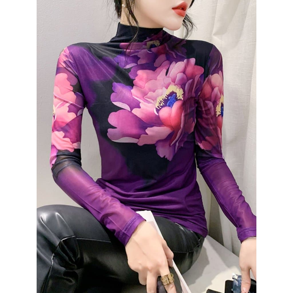 Gaze de manga comprida impressa de gola alta camiseta feminina outono inverno novo estilo Design de produtos europeus se