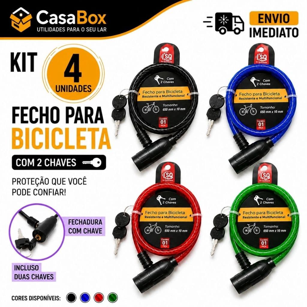 Cadeado Bicicleta Cabo de Aço 65cm 4 3 2 ou 1 Un 2 Chaves Reforçado Trava Segurança Moto Portão - CORES SORTIDAS