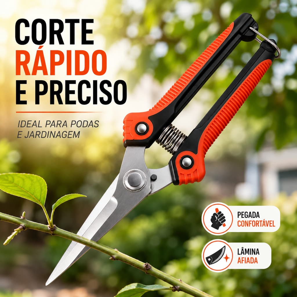 Tesoura de Poda Jardim 21cm Aço Inox para Plantas Flores Galhos Frutas com Trava