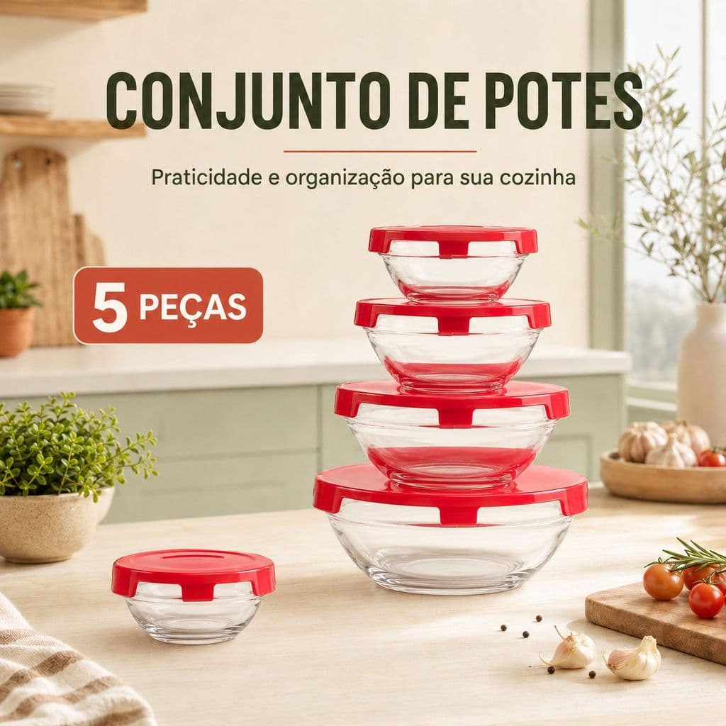 Conjunto de Cinco Potes Redondos de Vidro para Armazenamento