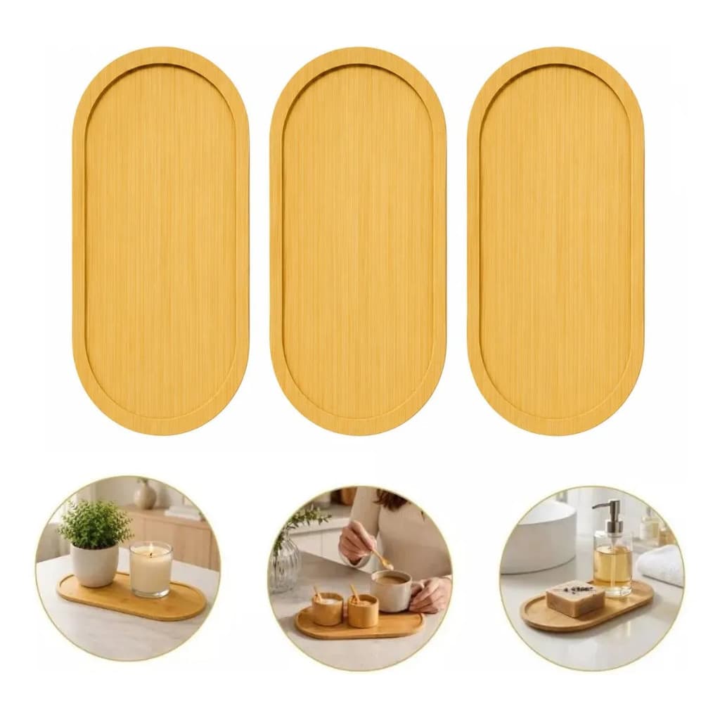 Kit 3 Bandejas De Bambu Decorativa Oval Cozinha Banheiro