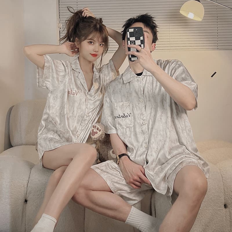 Casal pijamas feminino seda gelo manga curta High-End sentimento tamanho grande masculino sensação legal pode desgastar