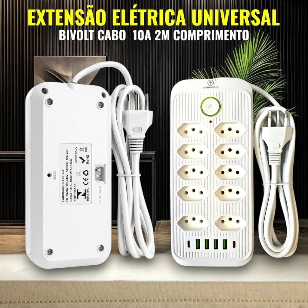 Extensão 10 Tomadas E 4 Usb 2 Tipo C 2m Filtro De Linha Bivolt Power 110v/220v
