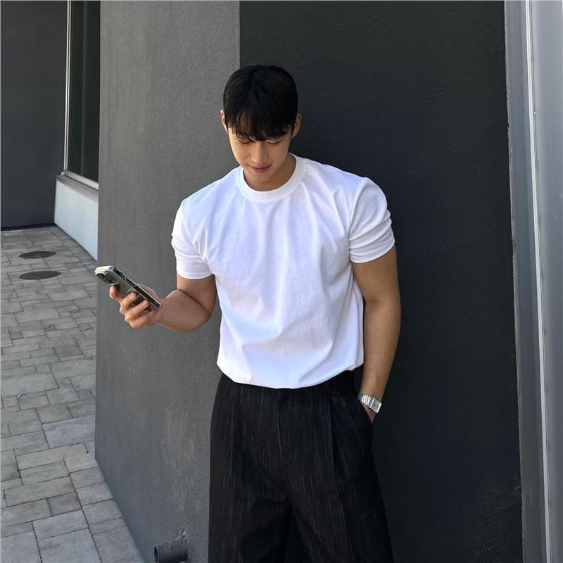 Camiseta de punho branco masculina verão americano pequeno decote ombro de manga curta exercício de Fitness mostrar músc