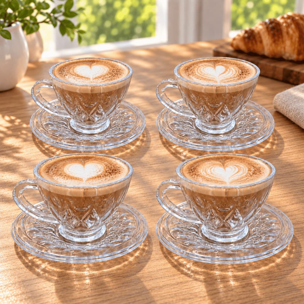 Jogo de Xícaras 8 Peças de Vidro COM PIRES SAFIRA - Xícara Café Chá Vidro Kit Mesa Posta Elegante