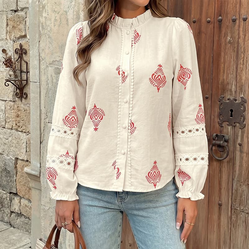 Elegante renda costura estilo Pastoral francês arte em torno do pescoço Cardigan camisa superior feminino