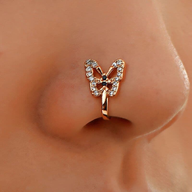 Anel de nariz falso em forma de U exclusivo e elegante, diamante, borboleta, nariz, sem furos, clipe de nariz, joias de