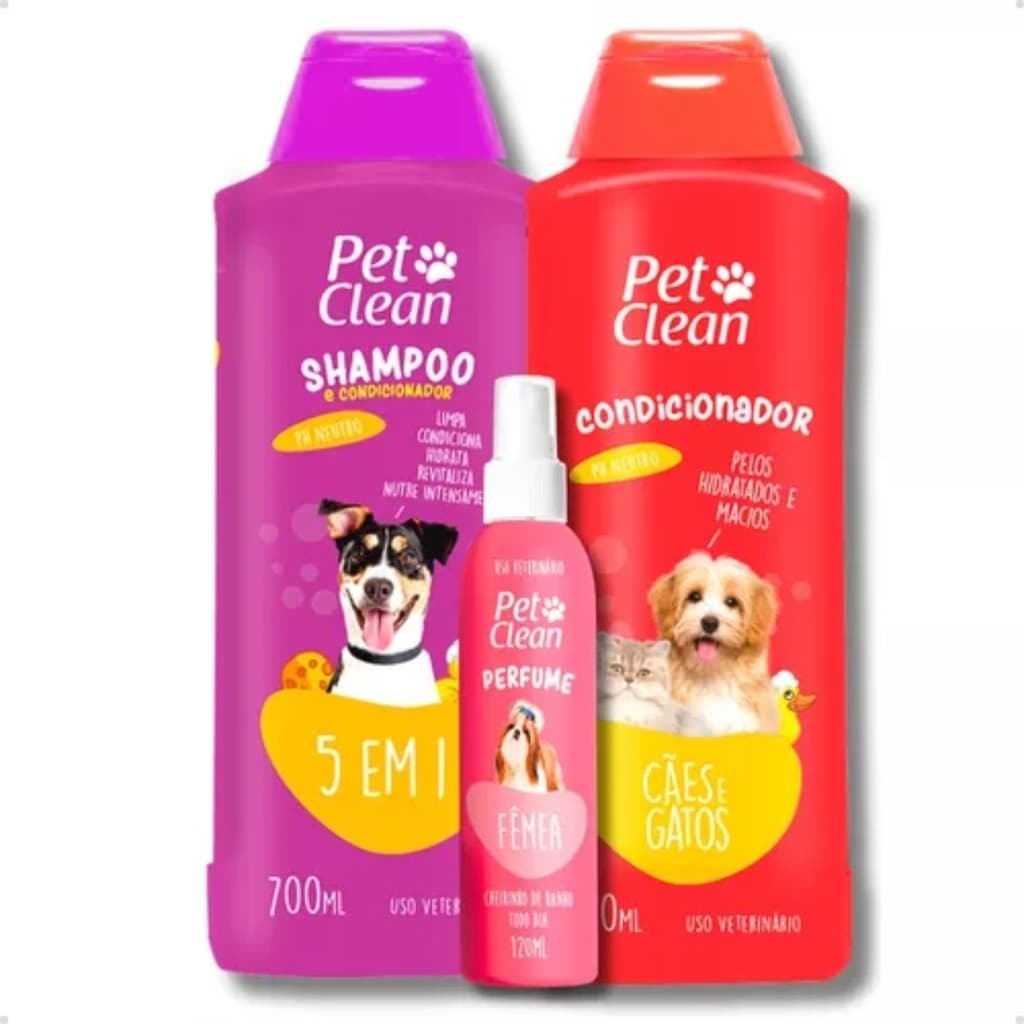 Kit Banho Shampoo 5 em 1 Creme Condicionador de Pelos e Perfume Femea para Cachorro e Gato Pet Clean