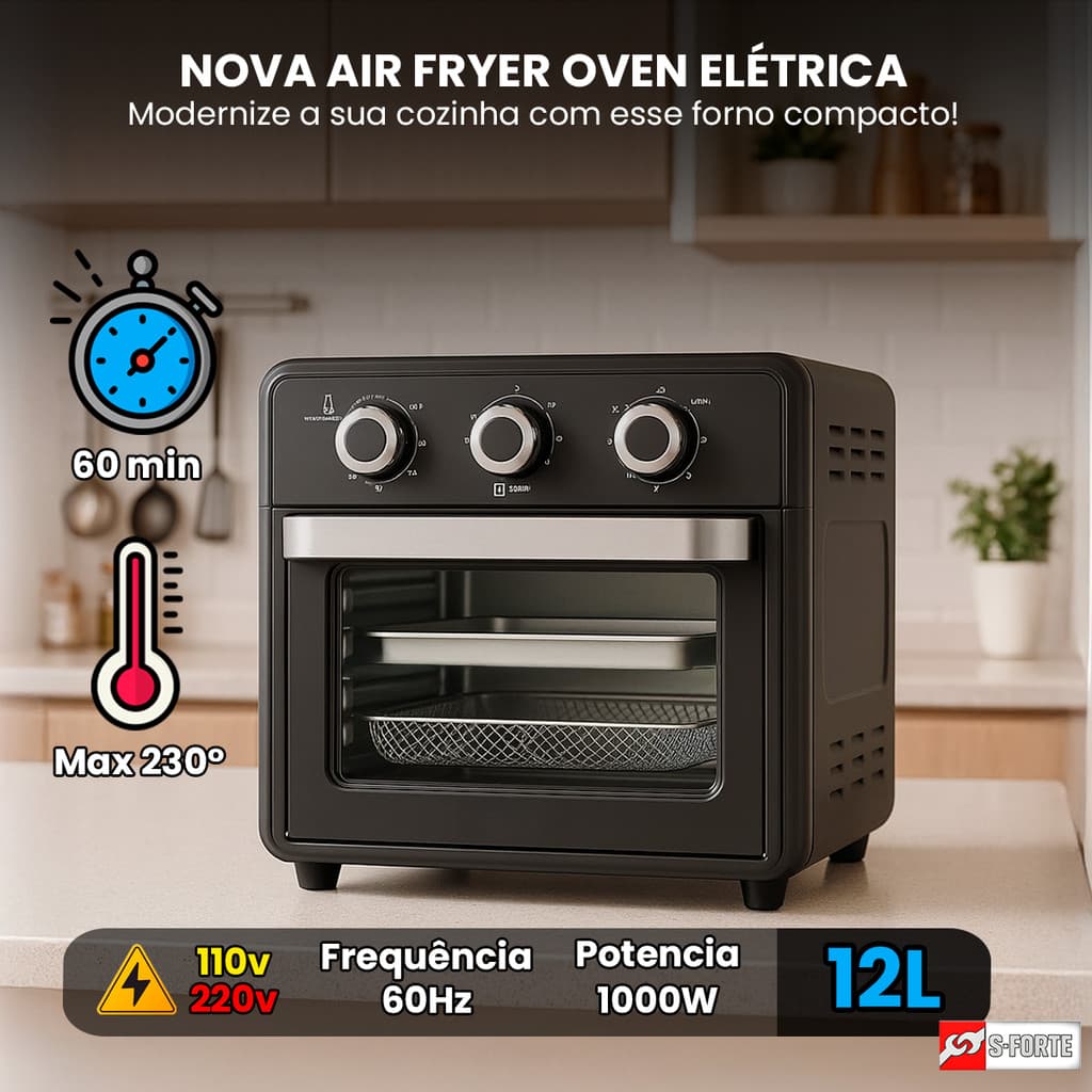 Air Fryer Forno 12L 10L Elétrica com Funções de Fritar, Assar, Gratinar e Desidratar Alimentos
