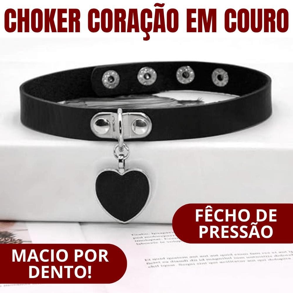 Coleira Couro com Pingente Coração Choker Gargantilha Colar