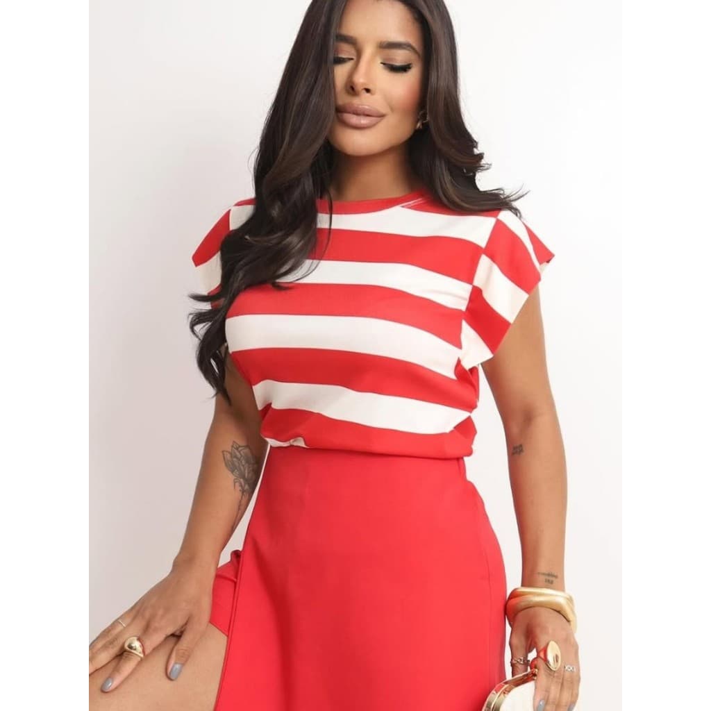 BLUSA FEMININA CASUAL LISTRADA MANGA MUSCLE VERMELHO PRIMAVERA VERAO