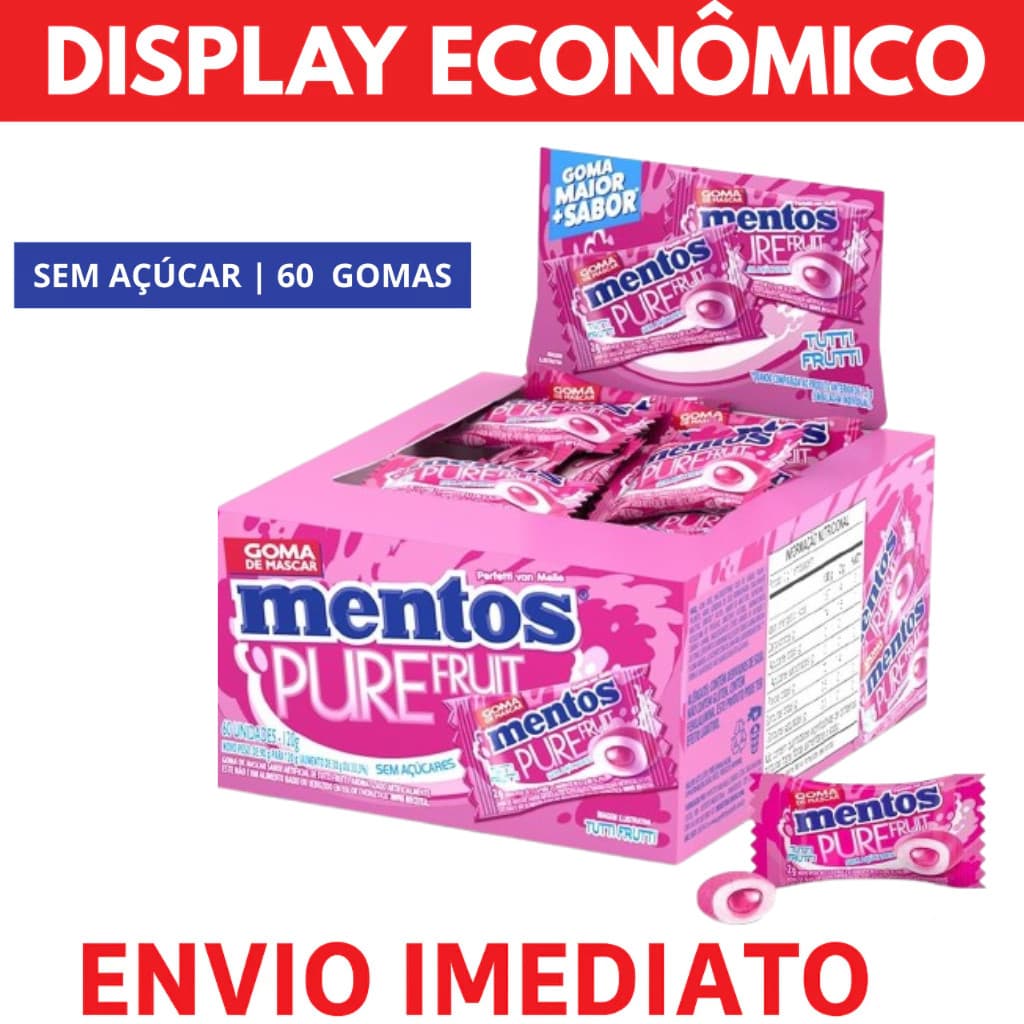 Chiclete Mentos Pure Fruit Tutti-Frutti Display 60 Gomas Sem Açúcar | Envio Imediato