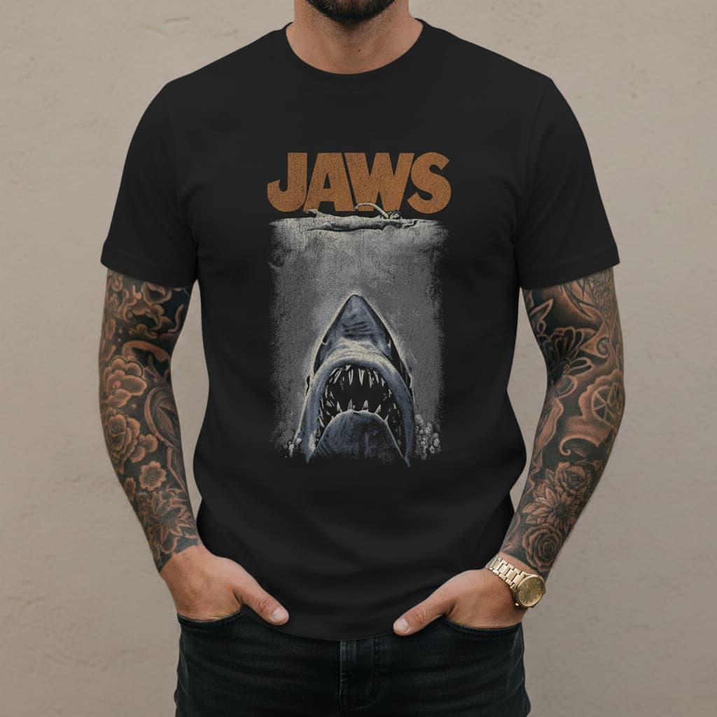 Camiseta Masculina Jaws Tubarão Terror Filme Retrô Vintage Estampada Confortável Estilosa Moderna Moda Casual