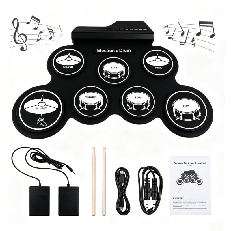 Bateria Eletrônica Infantil de Silicone Recarregável USB Portátil com 7 Almofadas para Iniciantes