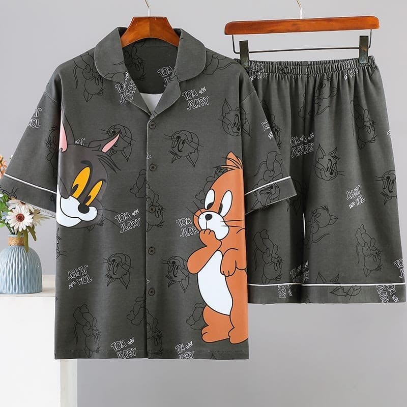 Pijamas masculinos de manga curta fino Cardigan estudante versão coreana Plus Size terno dos desenhos animados Loungewea