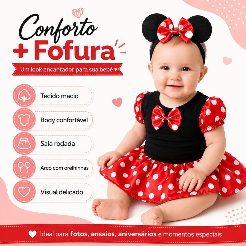 Vestido Fantasia Bebe Ratinha Vermelha Com Arco Orelhinhas Delicada Para Ocasiões Especiais