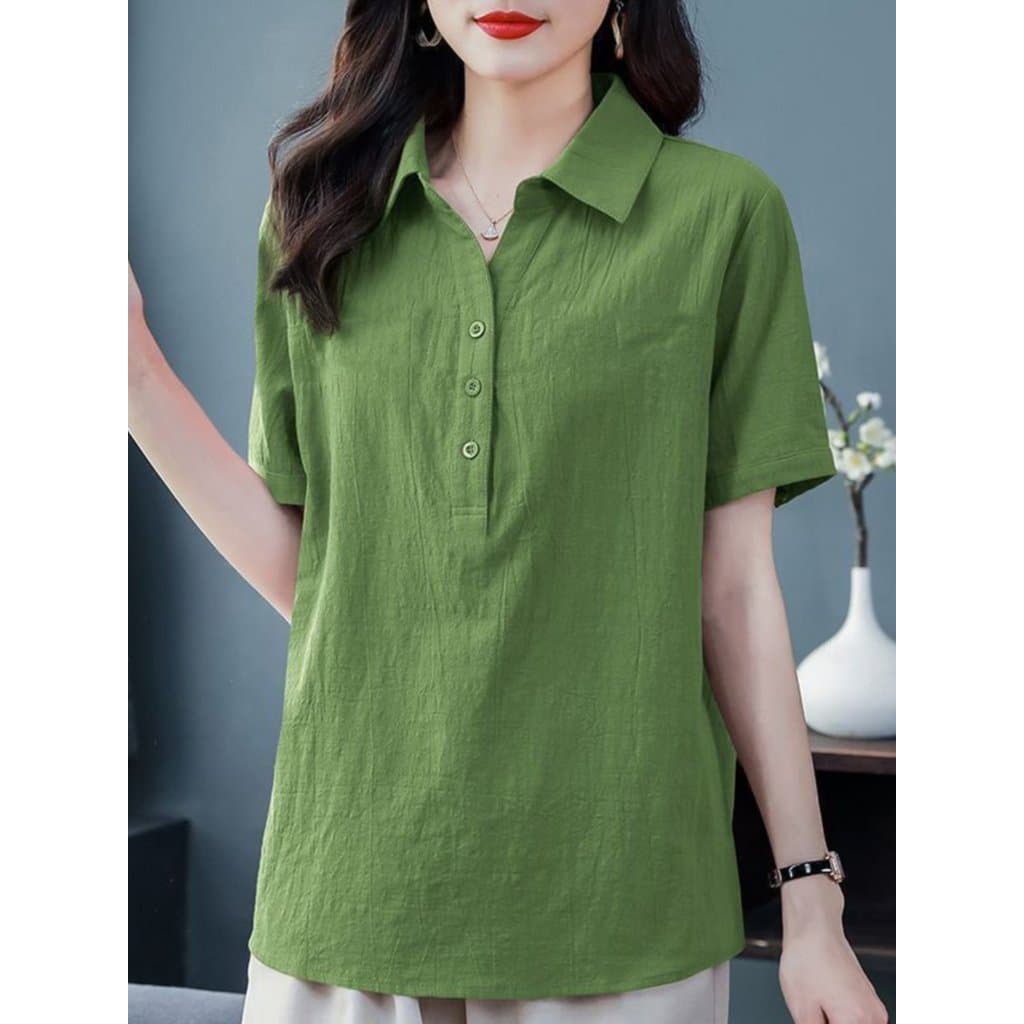Lapela Qinghe ~ tamanho grande mãe usar lapela manga curta algodão linho camisa feminina Casual mais magro olhar elegant