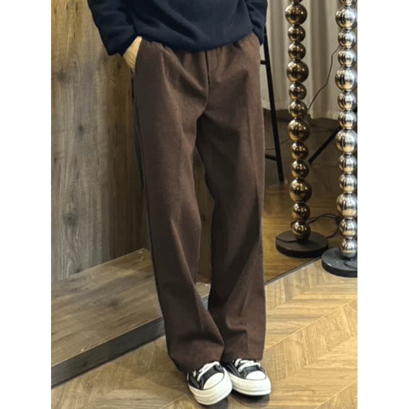 Estilo de dinheiro antigo café cor macacão calças masculinas não-ferro solto calças retas botão Semi-elástico Casual ter