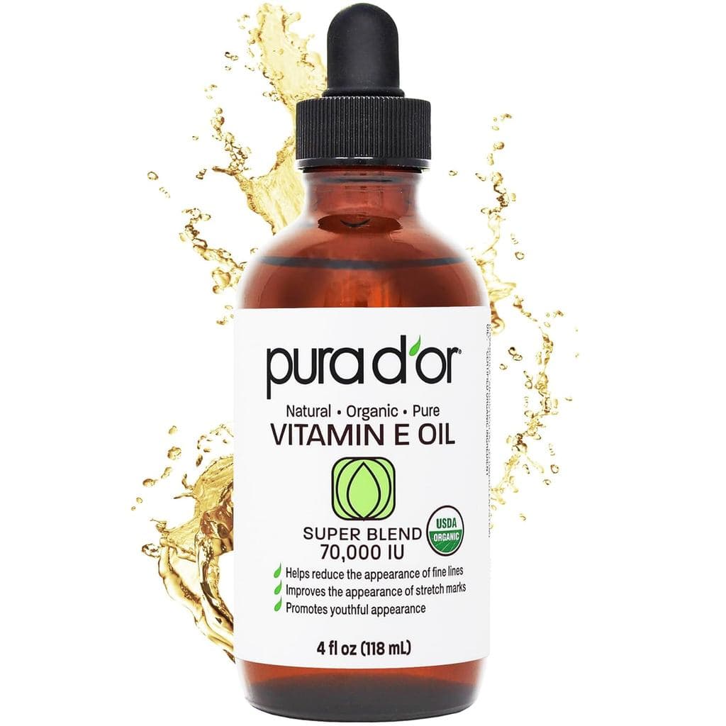 PURA D'OR Óleo de Vitamina E Orgânico 4 Oz 70.000 IU, Cuidados com a Pele Ayurvédicos Certificados pelo USDA, Rosto, Cor