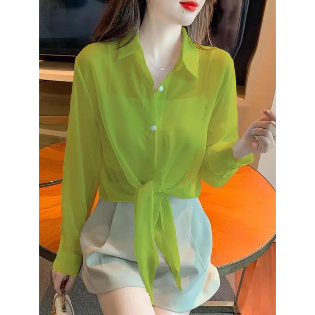Chiffon gelo seda cor sólida protetor solar camisa feminina verão novo estilo francês respirável estilo fino All-Match c