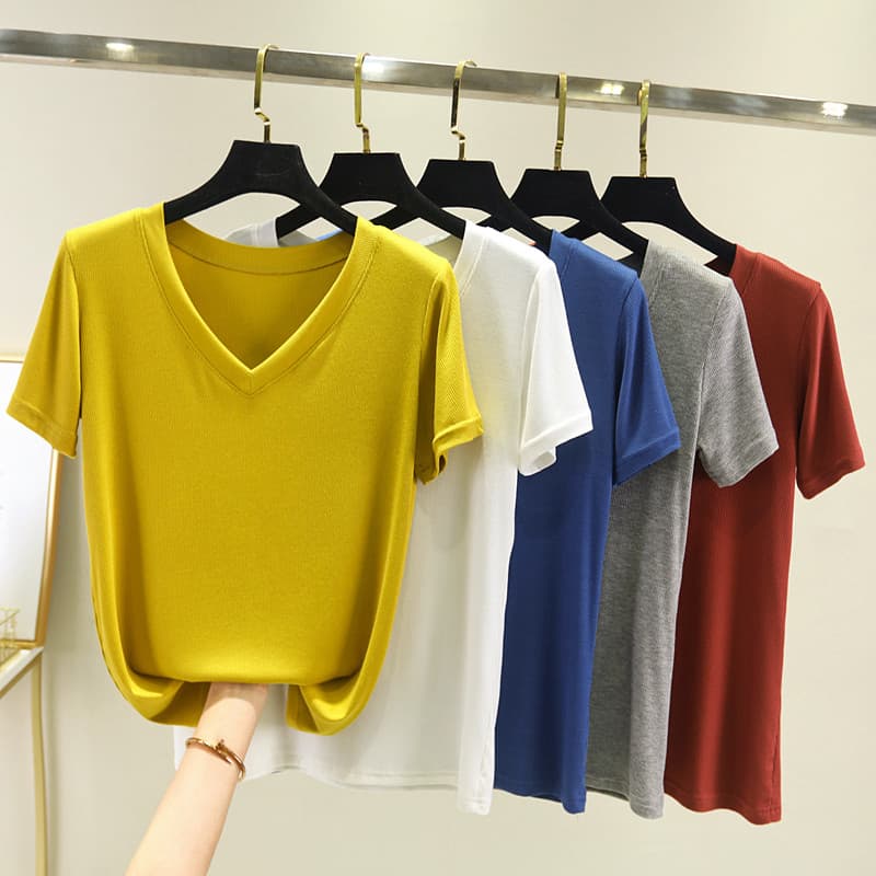 Mulheres verão com decote em V rosqueado manga curta camiseta estilo fino Modal camisa de fundo mais magro olhar roupa i